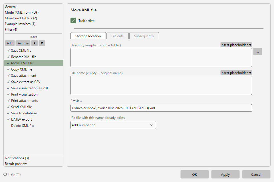 Move file task with the Storage location tab
