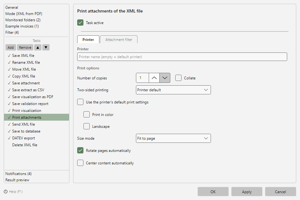 Print attachments task with printer and attachments tab