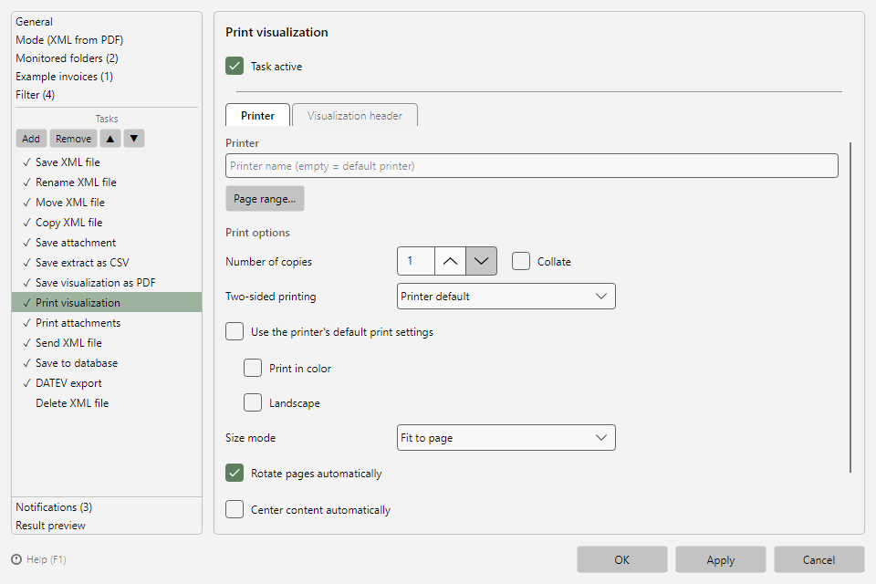 Print file task with printer tab