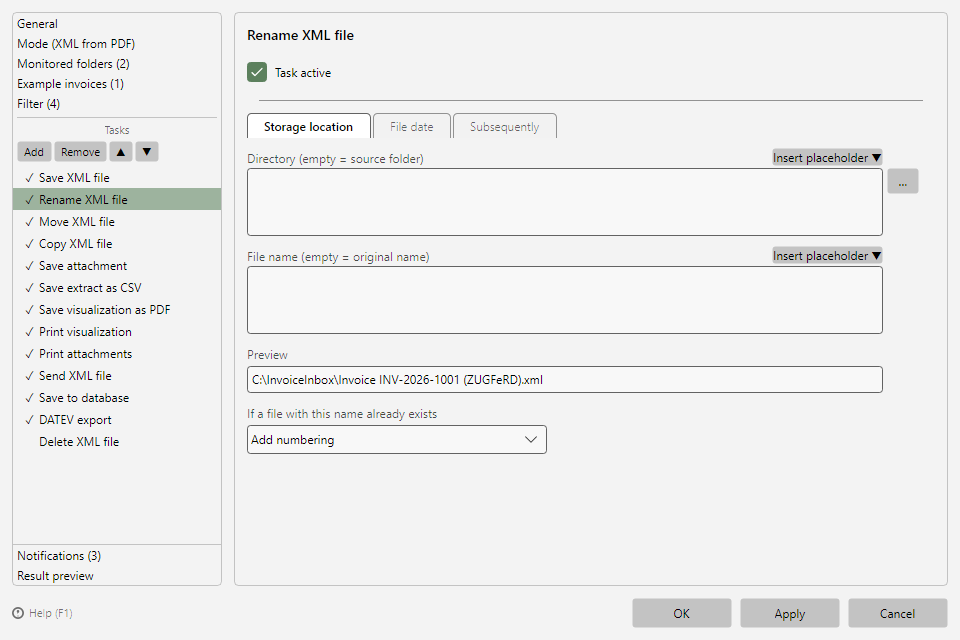 Rename file task with the Storage location tab and preview