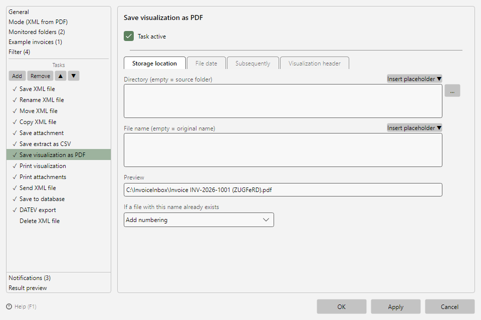 Save visualization as PDF task with storage location and visualization header