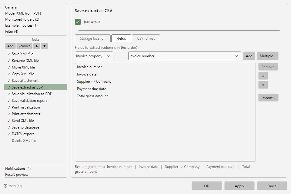 Fields tab with the field selection and the Multiple&hellip; and Import&hellip; buttons