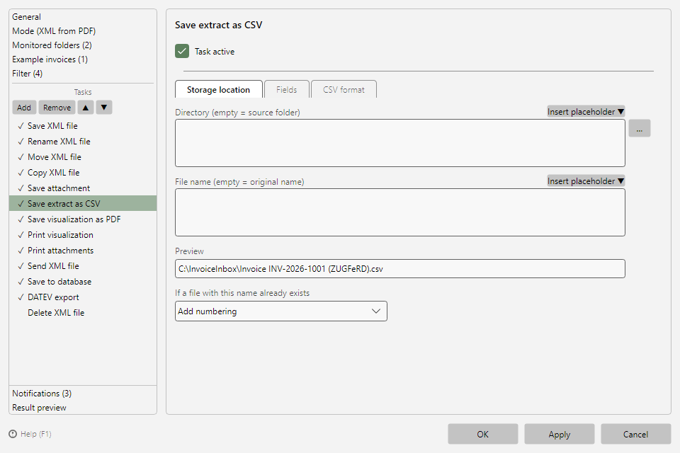 Save extract as CSV task with the Storage location, Fields and CSV format tabs