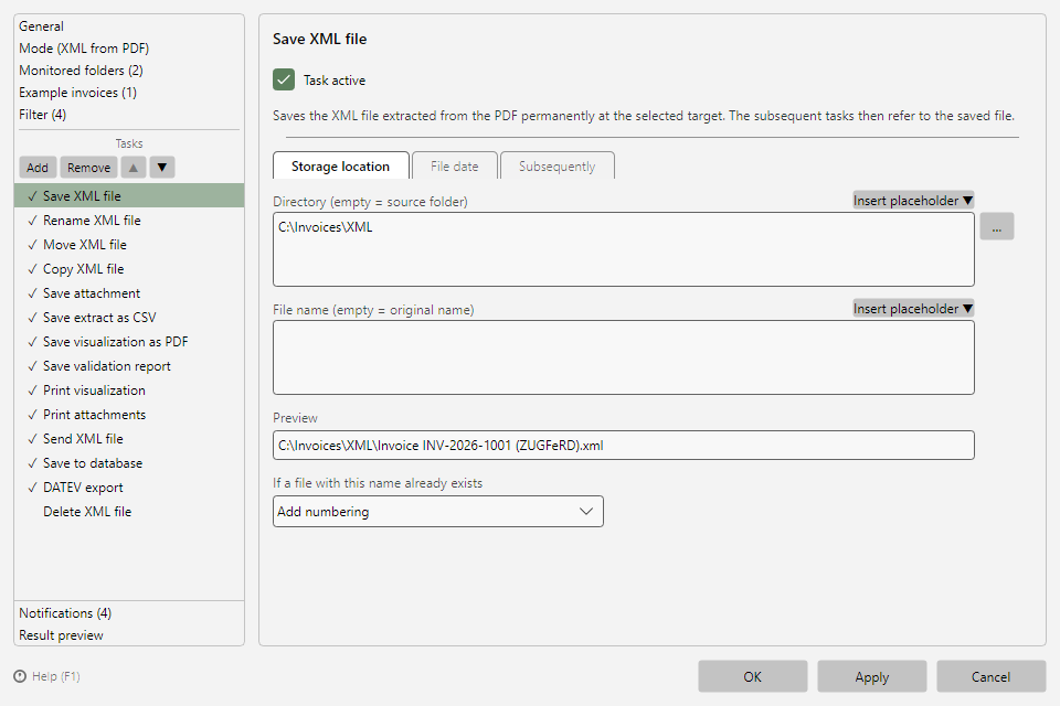 Save XML file task with the Storage location, File date, and Subsequently tabs