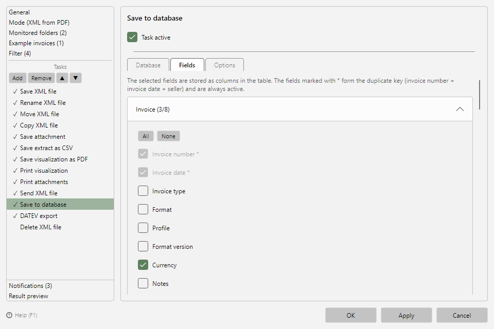 Fields tab of the database task with the grouped field catalog