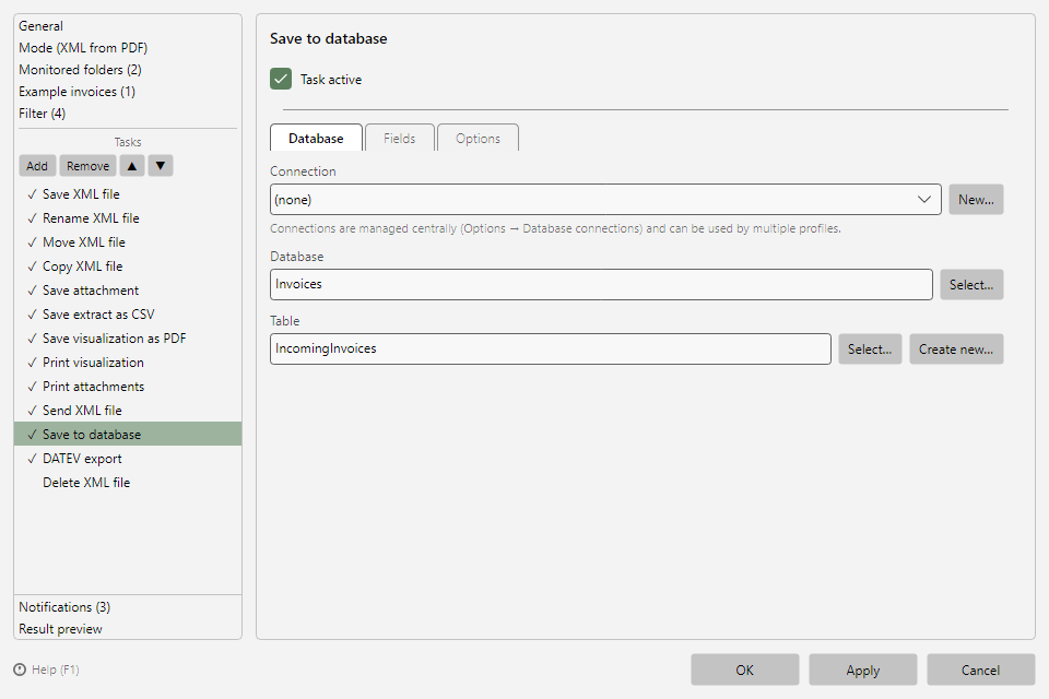 Save to database task with the Database, Fields and Options tabs