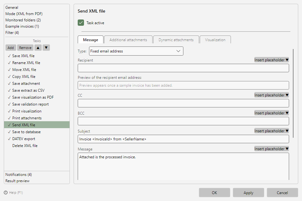 Send file task with message tab, recipient, subject, and message